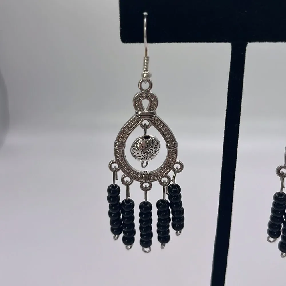 Silver-tone Homemade Dangling Chandelier Earrings with Black Beads